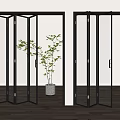 Modern Folding Doors With Black Frames Transparent Glass Green Plant And Wooden Floor