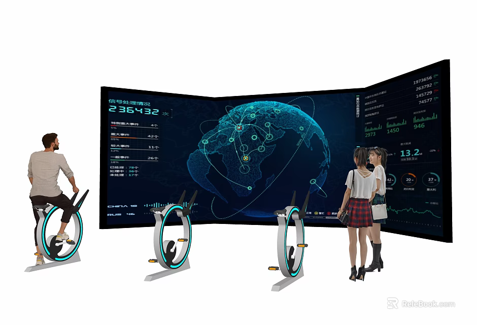 Public Facility With Curved Large Screen Displaying Global Data And Balance Bikes For People Interaction 3d model 