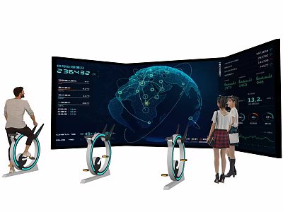 Public Facility With Curved Large Screen Displaying Global Data And Balance Bikes For People Interaction 3d model