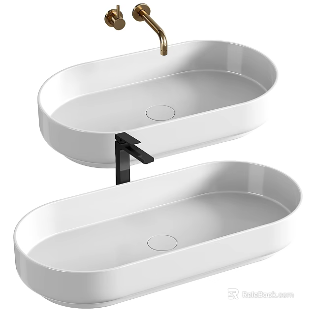 Two White Oval Wall Mounted Washbasins With Black Faucet Modern Design 3d model 