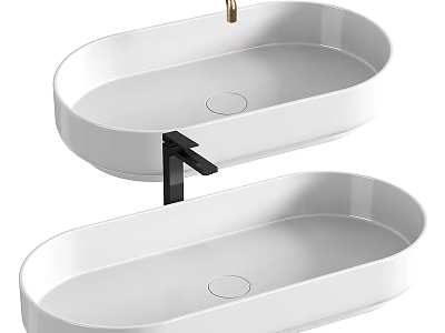 Two White Oval Wall Mounted Washbasins With Black Faucet Modern Design 3d model