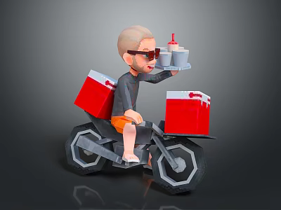 Man Riding Motorcycle Holding Tray With Condiment Bottle And Red Boxes On Sides 3d model