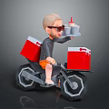 Man Riding Motorcycle Holding Tray With Condiment Bottle And Red Boxes On Sides
