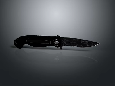 Black Tactical Folding Knife Weapon with Serrated Blade and Metal Handle Design 3d model
