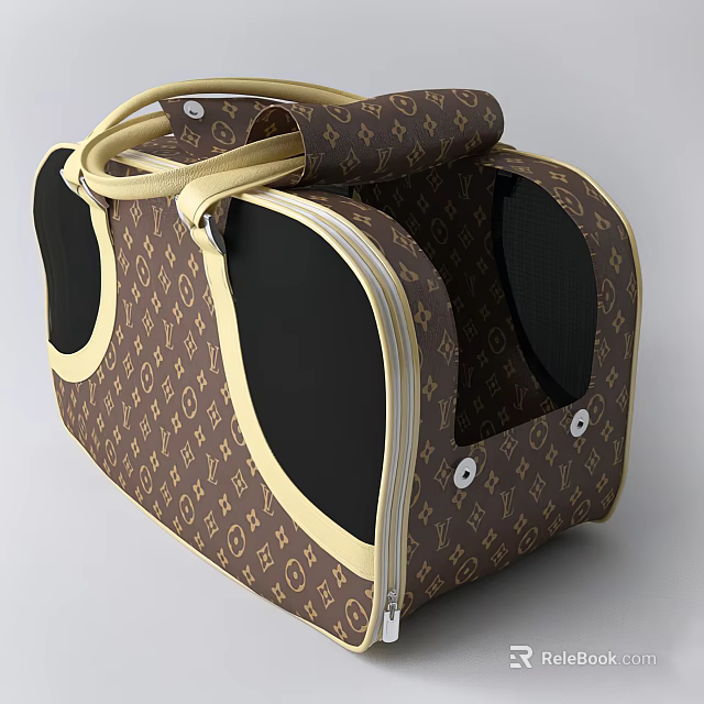 Brown Classic Pattern Pet Carrier with Beige Trim Handles and Mesh Windows 3d model 