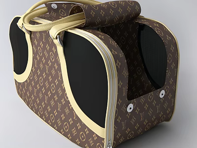 Brown Classic Pattern Pet Carrier with Beige Trim Handles and Mesh Windows 3d model