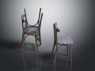 Vintage Wooden Chairs with Armrests Worn Surface Three Stacked and Standing Gray Background Reflective Floor 3d model