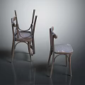 Vintage Wooden Chairs with Armrests Worn Surface Three Stacked and Standing Gray Background Reflective Floor
