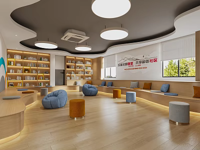 Artistic Library Interior With Bookshelves Cozy Seats And Wooden Flooring 3d model
