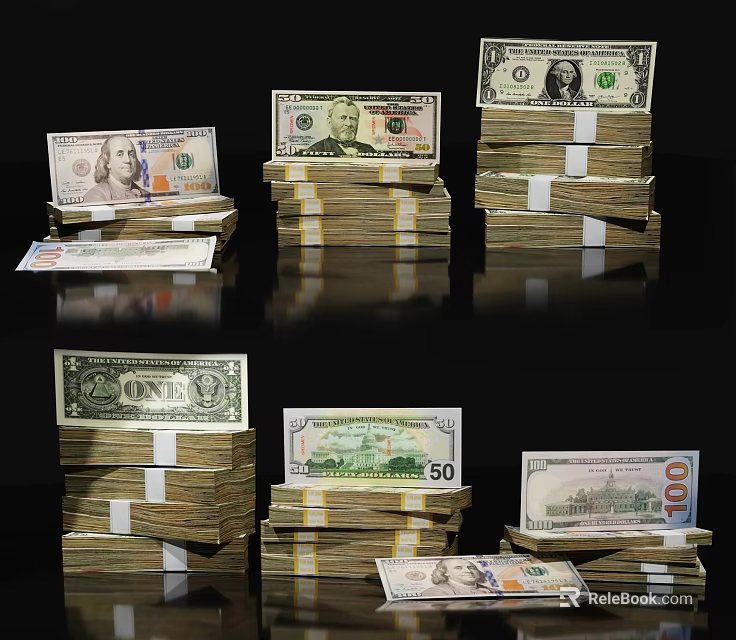Decorative Ornament Set With Stacked Bundled US Dollar Bills On Black Background 3d model 