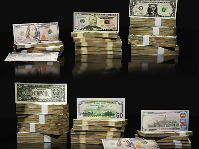 Decorative Ornament Set With Stacked Bundled US Dollar Bills On Black Background 3d model