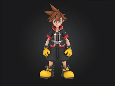 3D Animated Character With Spiky Brown Hair Blue Eyes And Yellow Gloves Shoes 3d model