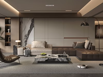 Modern Living Room Interior With Brown L shaped Sofa And Marble Coffee Table 3d model