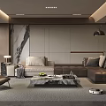 Modern Living Room Interior With Brown L shaped Sofa And Marble Coffee Table