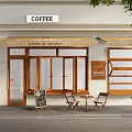 Coffee Shop Storefront With Wooden Doors Awning Outdoor Tables Blackboard Menu And Tree Leaves