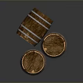 Two Wooden Barrels With Metal Hoops On Dark Reflective Background