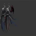 Two Fantasy Winged Creatures With Red Blue Wings And Ornate Costumes In Dark Fantasy Design