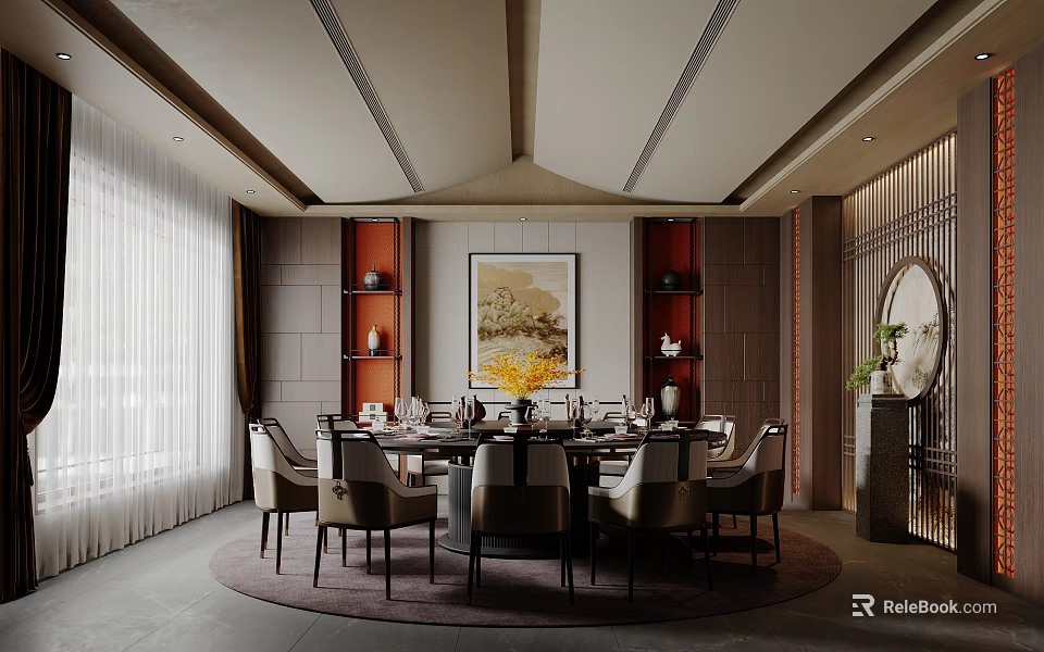 Private Dining Room With Round Table Chairs And Art Decor 3d model