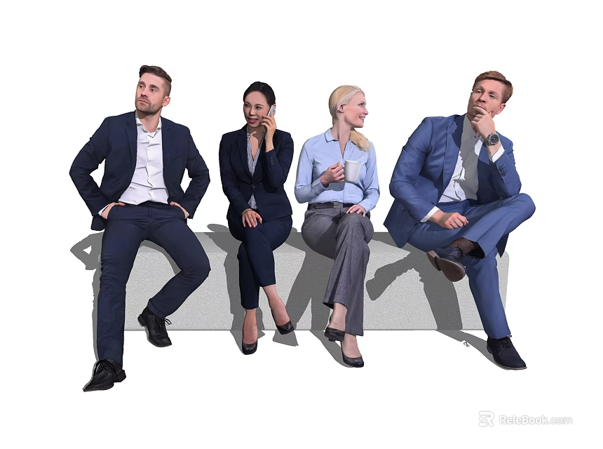 Four Business Professionals in Formal Attire Sitting on Bench Together 3d model 