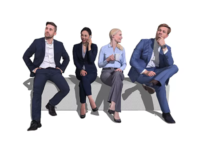 Four Business Professionals in Formal Attire Sitting on Bench Together 3d model