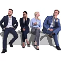 Four Business Professionals in Formal Attire Sitting on Bench Together