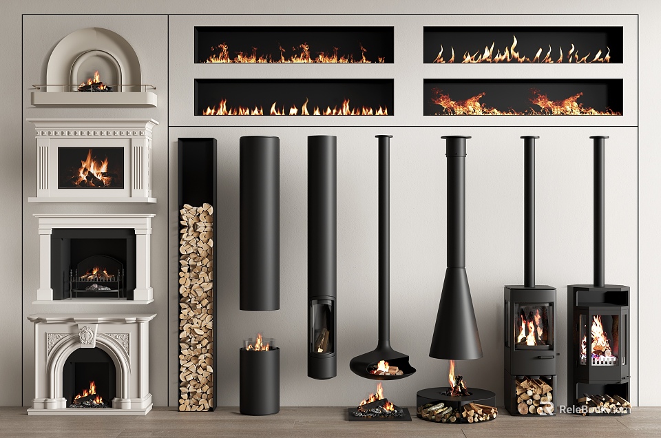 Various Fireplace Designs With Modern Traditional Styles Black Metal Accents And Wood Storage 3d model 