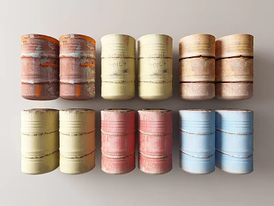 Industrial Equipment Featuring Multiple Old Drums in Various Colors Stacked Together 3d model