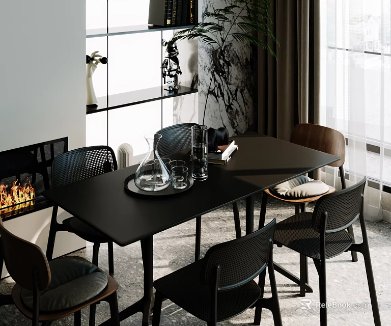 Elegant Modern Black Dining Table Set With Modern Chairs Glassware Tray And Window Plant 3d model 