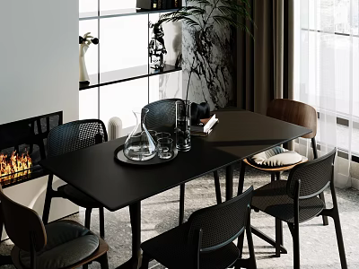 Elegant Modern Black Dining Table Set With Modern Chairs Glassware Tray And Window Plant 3d model