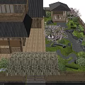 Traditional Japanese Garden Courtyard With Wooden Gazebo Cherry Blossom Trees Stone Pathway And Bamboo Fence