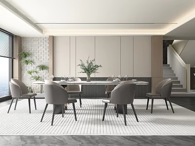 Modern Restaurant Interior With Round Dining Table Gray Chairs And Decorative Plant 3d model