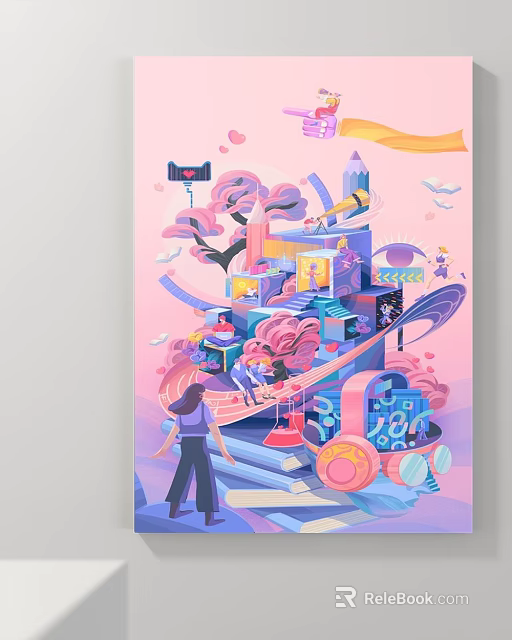 Abstract Painting With Pink Background Vibrant Colors Geometric Shapes Figures Trees Buildings Dreamy Composition 3d model 