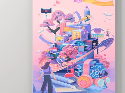 Abstract Painting With Pink Background Vibrant Colors Geometric Shapes Figures Trees Buildings Dreamy Composition 3d model
