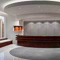Leisure Area Interior Featuring Wooden Curved Reception Desk Circular Ceiling And Large Windows