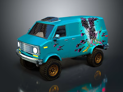 Turquoise Van With Floral Design Large Off Road Tires And Roof Rack 3d model