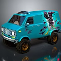 Turquoise Van With Floral Design Large Off Road Tires And Roof Rack