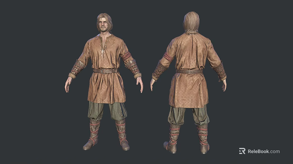Man In Medieval Tunic With Green Pants Leather Boots 3D Model Front And Back Views 3d model 