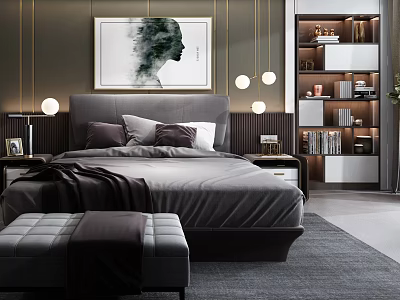 Modern Background Double Bed with Dark Brown Wall Portrait Painting Round Lamps Gray Bench Bookshelves 3d model