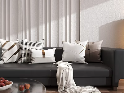 White Brown Decorative Throw Pillows With Geometric Patterns On Black Sofa In Modern Living Room 3d model