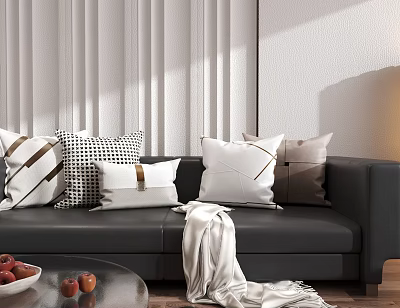 White Brown Decorative Throw Pillows With Geometric Patterns On Black Sofa In Modern Living Room 3d model