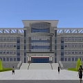 Modern Office Building With Glass Facade Entrance Steps Greenery And People Walking In Front