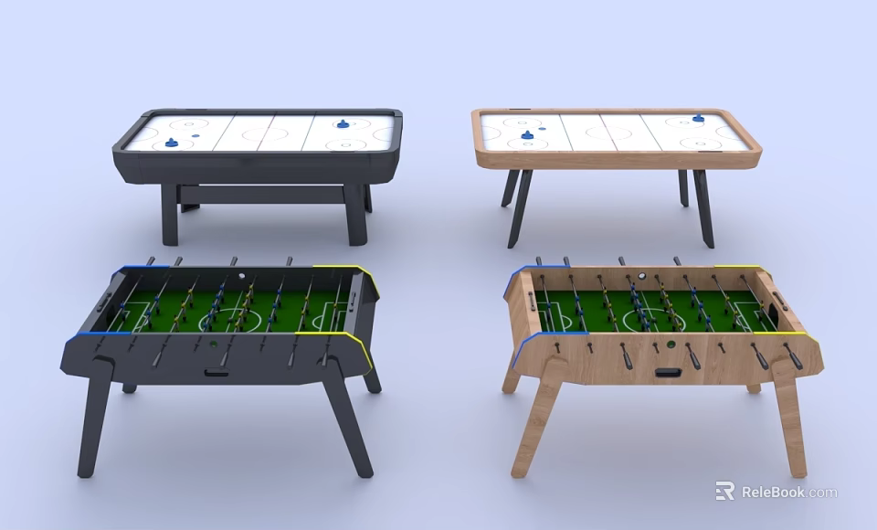 Assorted Game Tables Including Air Hockey and Foosball with Black and Light Wooden Frames 3d model 