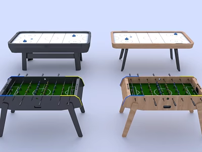 Assorted Game Tables Including Air Hockey and Foosball with Black and Light Wooden Frames 3d model
