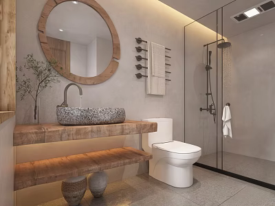 Hotel Bathroom With Round Wooden Frame Mirror Stone Sink And Glass Shower Enclosure 3d model