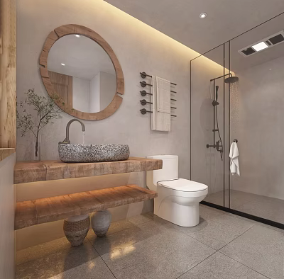 Hotel Bathroom With Round Wooden Frame Mirror Stone Sink And Glass Shower Enclosure 3d model