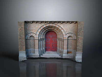 Classical Architectural Structure With Arched Red Door Brick Walls Decorative Columns And Stone Details 3d model
