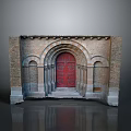 Classical Architectural Structure With Arched Red Door Brick Walls Decorative Columns And Stone Details