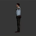 Male Police Officer in Uniform with Arms Outstretched on Gray Background