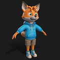 Cartoon Fox Character Wearing Blue Hoodie Khaki Shorts and White Sneakers with Happy Expression