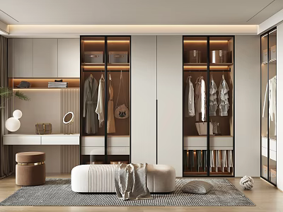 Modern Walk in Closet Interior Design With Glass Door Wardrobes Hanging Clothes And Mirrored Vanity 3d model